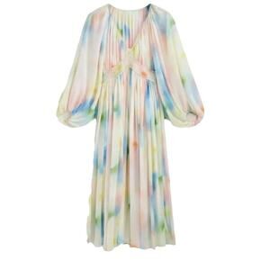 Massimo Dutti NWT Watercolor Print Balloon Sleeve Midi Dress Size M